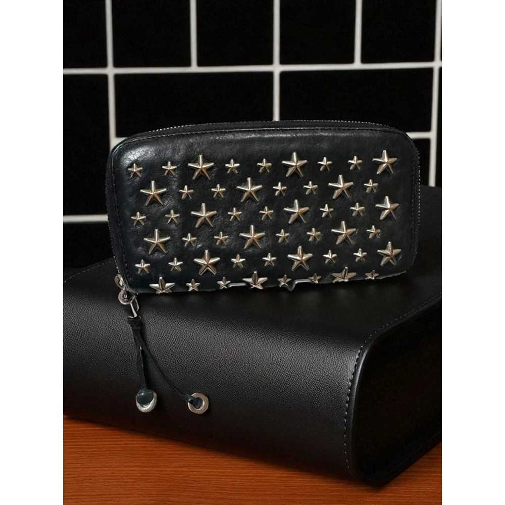Jimmy Choo Black Silver Star Studded Leather Zip Around Long Wallet